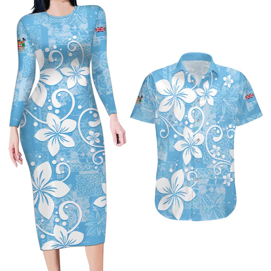 Fiji Tapa Pattern Couples Matching Long Sleeve Bodycon Dress and Hawaiian Shirt Plumeria Floral LT01 Blue - Polynesian Pride