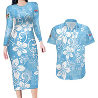 Fiji Tapa Pattern Couples Matching Long Sleeve Bodycon Dress and Hawaiian Shirt Plumeria Floral LT01 Blue - Polynesian Pride