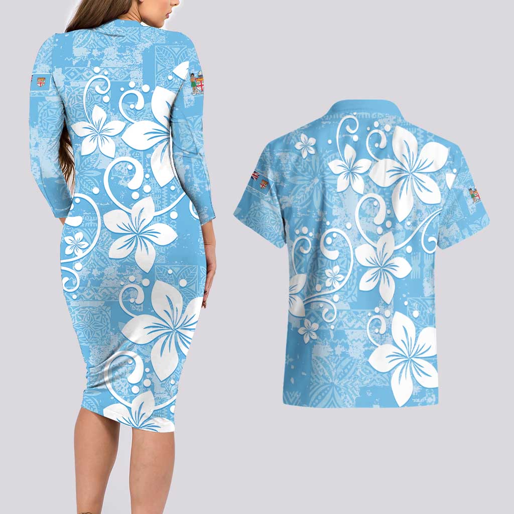Fiji Tapa Pattern Couples Matching Long Sleeve Bodycon Dress and Hawaiian Shirt Plumeria Floral LT01 - Polynesian Pride