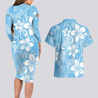 Fiji Tapa Pattern Couples Matching Long Sleeve Bodycon Dress and Hawaiian Shirt Plumeria Floral LT01 - Polynesian Pride