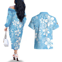 Fiji Tapa Pattern Couples Matching Off The Shoulder Long Sleeve Dress and Hawaiian Shirt Plumeria Floral LT01 - Polynesian Pride