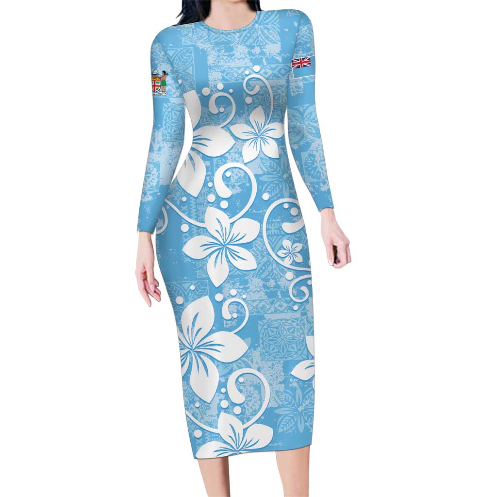 Fiji Tapa Pattern Family Matching Long Sleeve Bodycon Dress and Hawaiian Shirt Plumeria Floral LT01 Mom's Dress Blue - Polynesian Pride