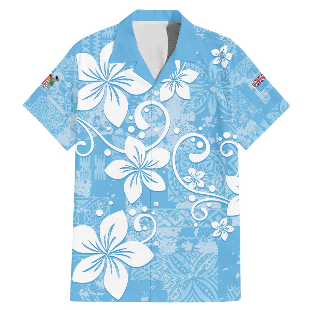 Fiji Tapa Pattern Family Matching Mermaid Dress and Hawaiian Shirt Plumeria Floral LT01 Dad's Shirt - Short Sleeve Blue - Polynesian Pride