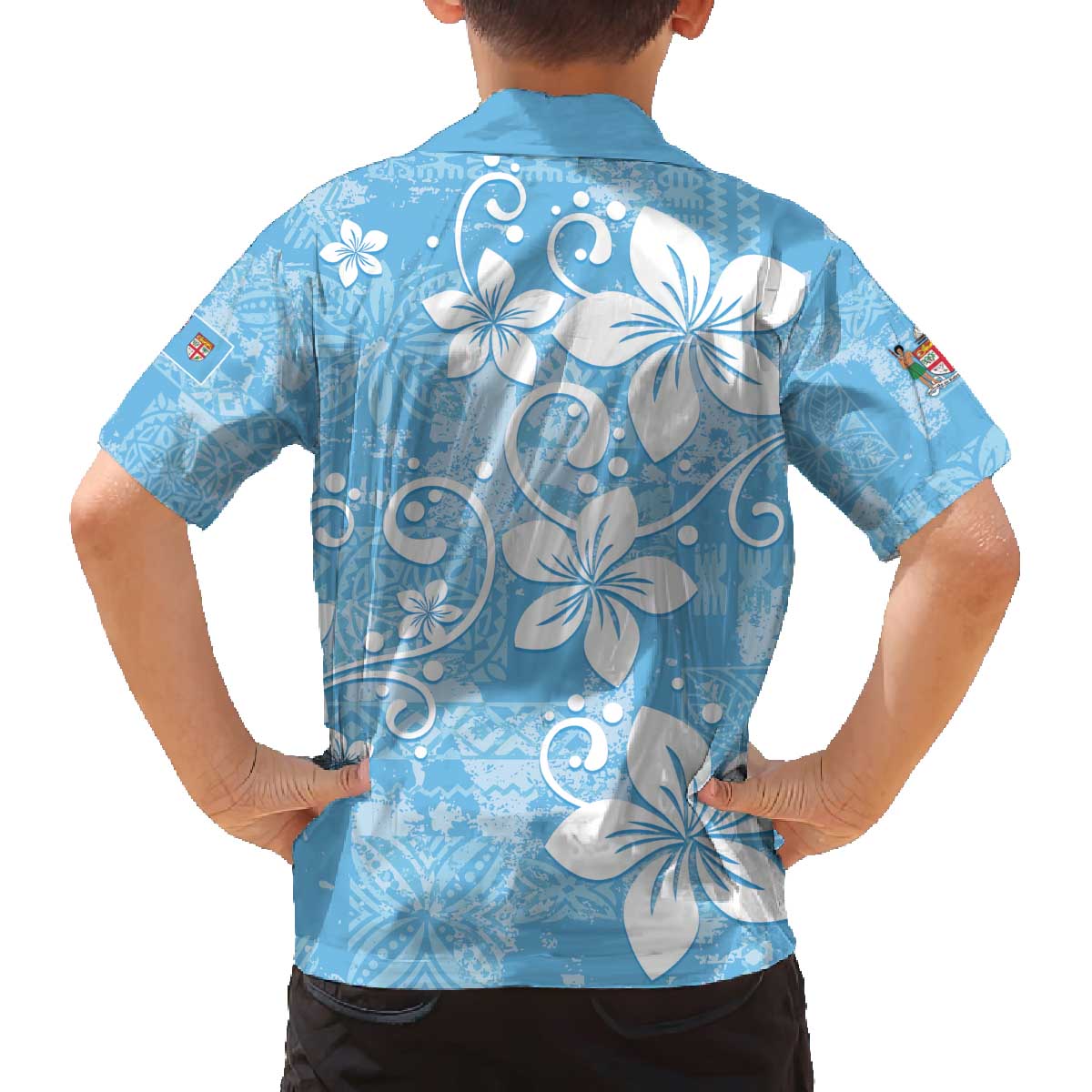 Fiji Tapa Pattern Family Matching Off The Shoulder Long Sleeve Dress and Hawaiian Shirt Plumeria Floral LT01 - Polynesian Pride