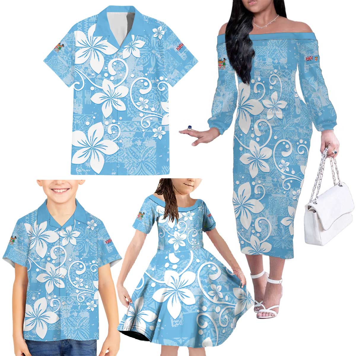Fiji Tapa Pattern Family Matching Off The Shoulder Long Sleeve Dress and Hawaiian Shirt Plumeria Floral LT01 - Polynesian Pride