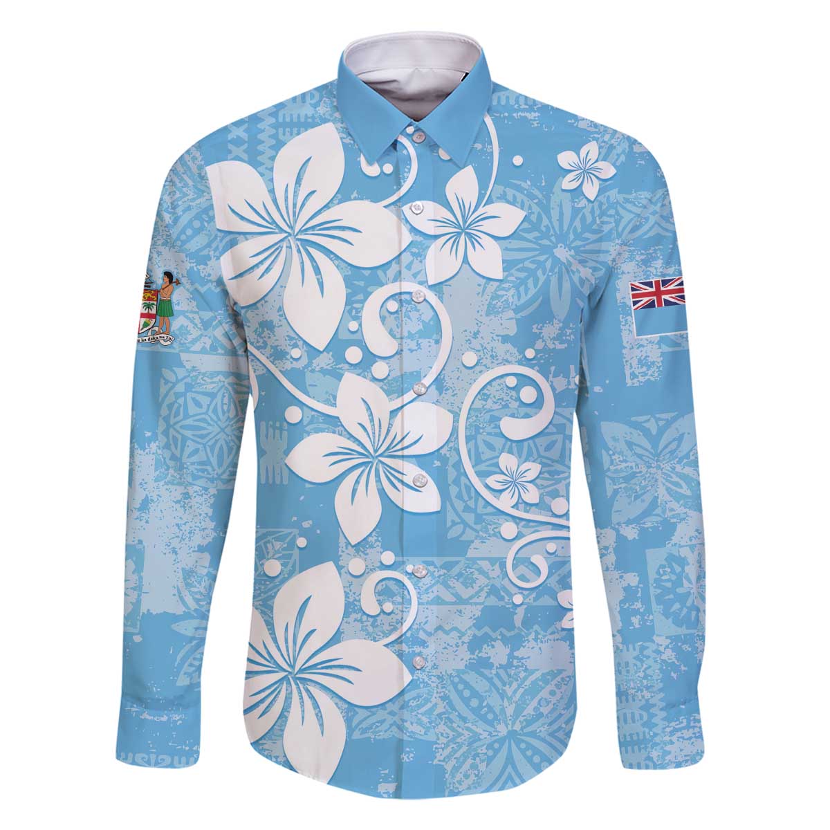 Fiji Tapa Pattern Family Matching Off The Shoulder Long Sleeve Dress and Hawaiian Shirt Plumeria Floral LT01 Dad's Shirt - Long Sleeve Blue - Polynesian Pride