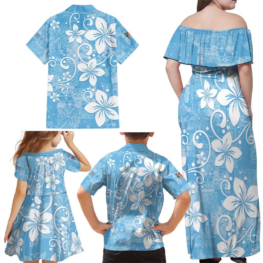 Fiji Tapa Pattern Family Matching Off Shoulder Maxi Dress and Hawaiian Shirt Plumeria Floral LT01 - Polynesian Pride