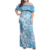 Fiji Tapa Pattern Family Matching Off Shoulder Maxi Dress and Hawaiian Shirt Plumeria Floral LT01 Mom's Dress Blue - Polynesian Pride