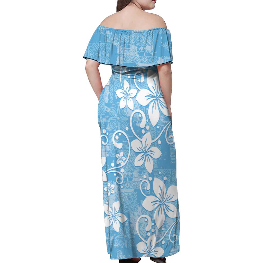 Fiji Tapa Pattern Family Matching Off Shoulder Maxi Dress and Hawaiian Shirt Plumeria Floral LT01 - Polynesian Pride