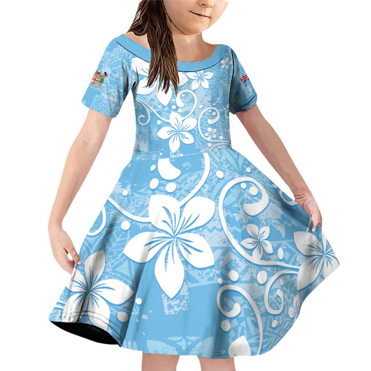 Fiji Tapa Pattern Family Matching Off Shoulder Short Dress and Hawaiian Shirt Plumeria Floral LT01 Daughter's Dress Blue - Polynesian Pride