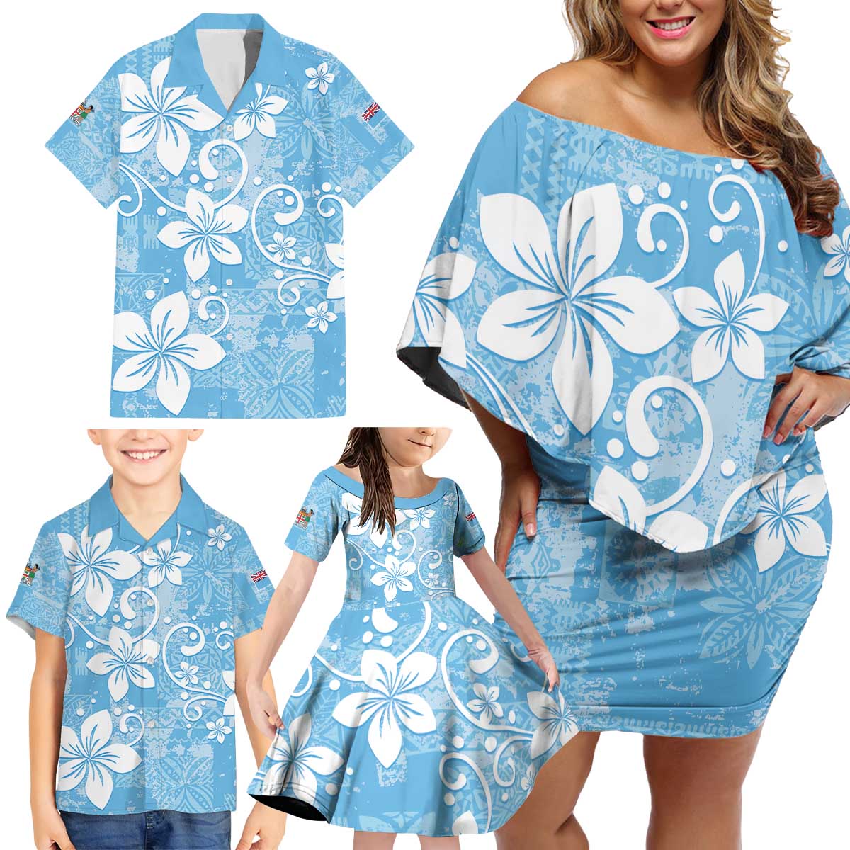 Fiji Tapa Pattern Family Matching Off Shoulder Short Dress and Hawaiian Shirt Plumeria Floral LT01 - Polynesian Pride