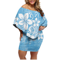 Fiji Tapa Pattern Family Matching Off Shoulder Short Dress and Hawaiian Shirt Plumeria Floral LT01 Mom's Dress Blue - Polynesian Pride