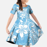 Fiji Tapa Pattern Family Matching Short Sleeve Bodycon Dress and Hawaiian Shirt Plumeria Floral LT01 Daughter's Dress Blue - Polynesian Pride