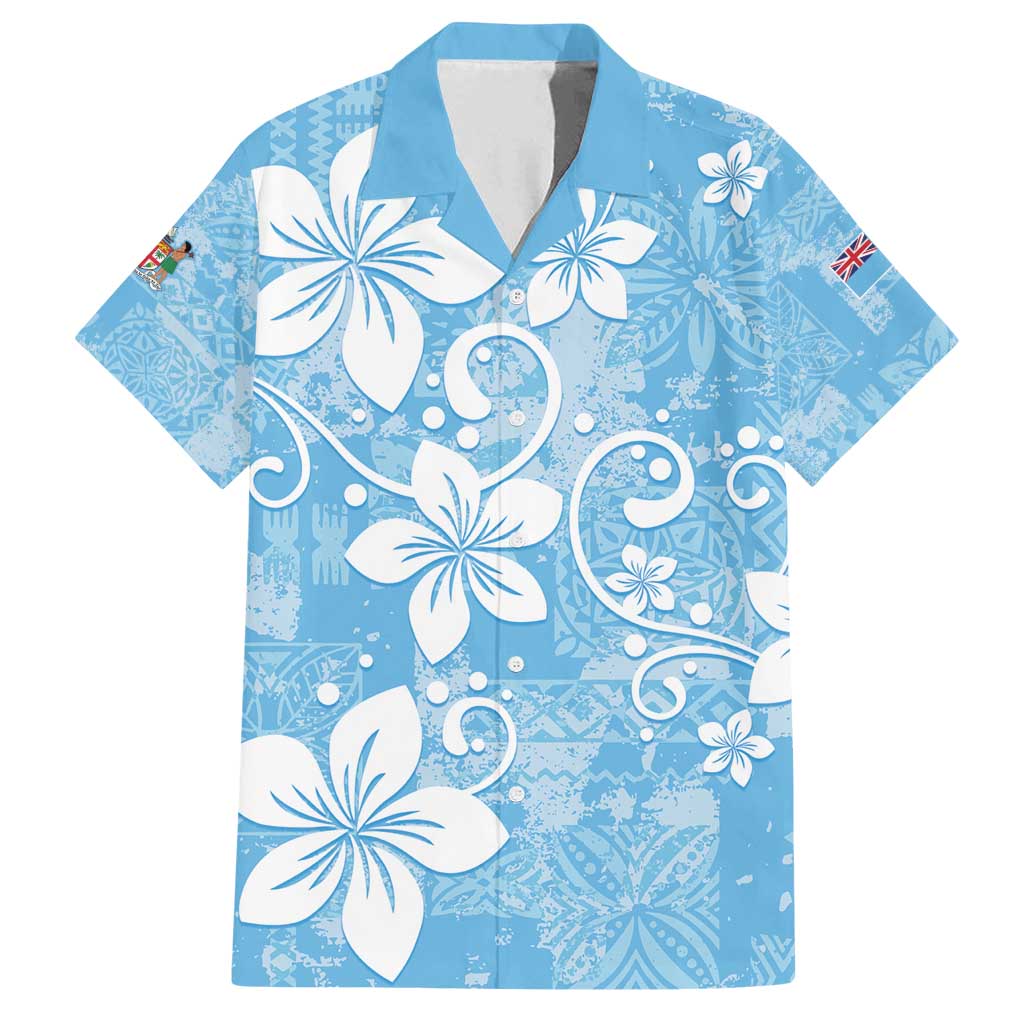 Fiji Tapa Pattern Family Matching Tank Maxi Dress and Hawaiian Shirt Plumeria Floral LT01 Dad's Shirt - Short Sleeve Blue - Polynesian Pride