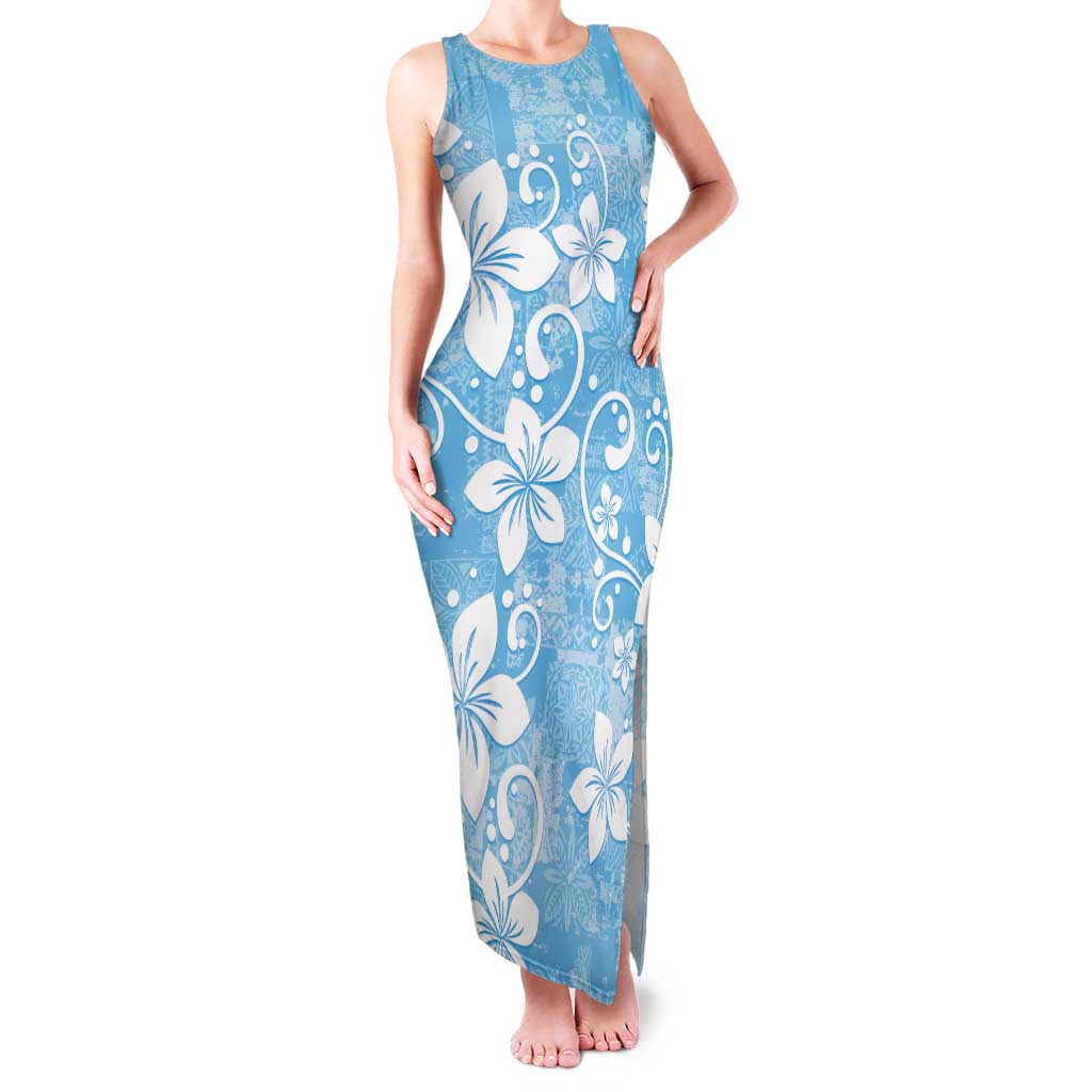 Fiji Tapa Pattern Family Matching Tank Maxi Dress and Hawaiian Shirt Plumeria Floral LT01 Mom's Dress Blue - Polynesian Pride