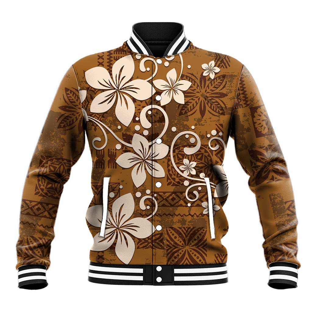 Plumeria Floral Tapa Pattern Vintage Gold Baseball Jacket
