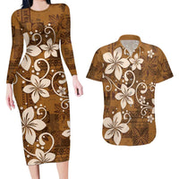 Plumeria Floral Tapa Pattern Vintage Gold Couples Matching Long Sleeve Bodycon Dress and Hawaiian Shirt LT01 Gold - Polynesian Pride
