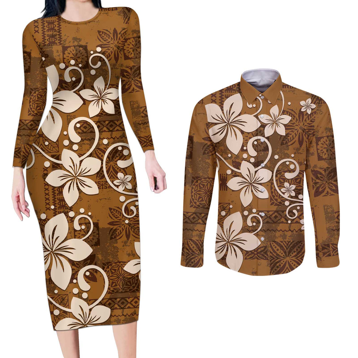 Plumeria Floral Tapa Pattern Vintage Gold Couples Matching Long Sleeve Bodycon Dress and Long Sleeve Button Shirt LT01 Gold - Polynesian Pride