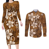Plumeria Floral Tapa Pattern Vintage Gold Couples Matching Long Sleeve Bodycon Dress and Long Sleeve Button Shirt LT01 Gold - Polynesian Pride