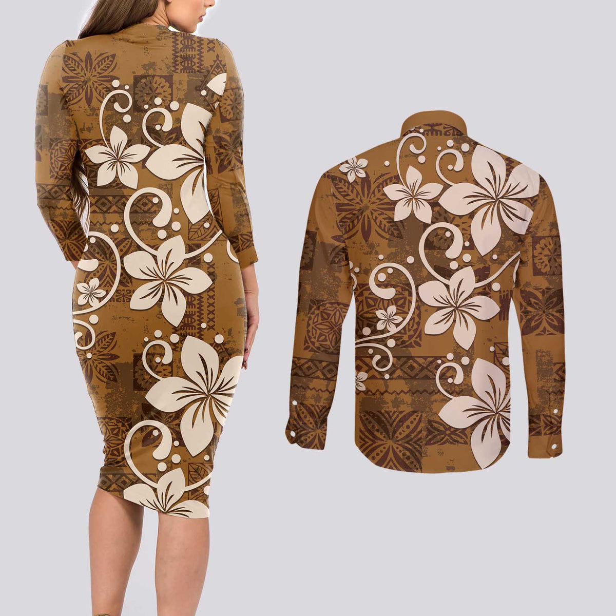 Plumeria Floral Tapa Pattern Vintage Gold Couples Matching Long Sleeve Bodycon Dress and Long Sleeve Button Shirt LT01 - Polynesian Pride