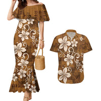 Plumeria Floral Tapa Pattern Vintage Gold Couples Matching Mermaid Dress and Hawaiian Shirt LT01 Gold - Polynesian Pride