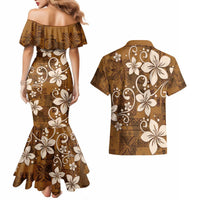 Plumeria Floral Tapa Pattern Vintage Gold Couples Matching Mermaid Dress and Hawaiian Shirt LT01 - Polynesian Pride
