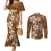 Plumeria Floral Tapa Pattern Vintage Gold Couples Matching Mermaid Dress and Long Sleeve Button Shirt LT01 Gold - Polynesian Pride