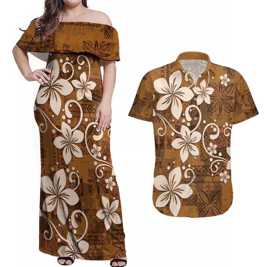 Plumeria Floral Tapa Pattern Vintage Gold Couples Matching Off Shoulder Maxi Dress and Hawaiian Shirt LT01 Gold - Polynesian Pride