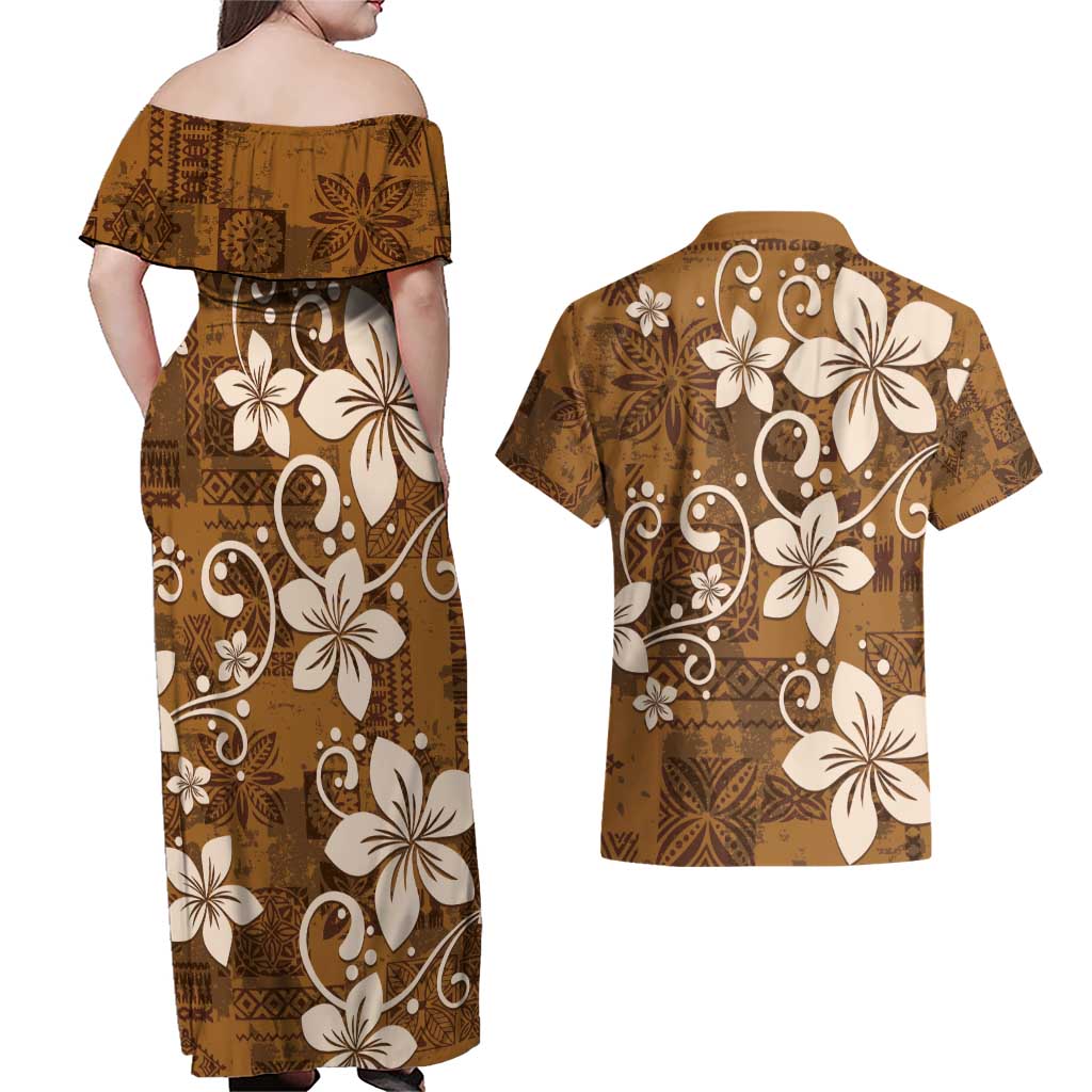 Plumeria Floral Tapa Pattern Vintage Gold Couples Matching Off Shoulder Maxi Dress and Hawaiian Shirt LT01 - Polynesian Pride