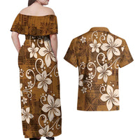 Plumeria Floral Tapa Pattern Vintage Gold Couples Matching Off Shoulder Maxi Dress and Hawaiian Shirt LT01 - Polynesian Pride