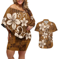 Plumeria Floral Tapa Pattern Vintage Gold Couples Matching Off Shoulder Short Dress and Hawaiian Shirt LT01 Gold - Polynesian Pride