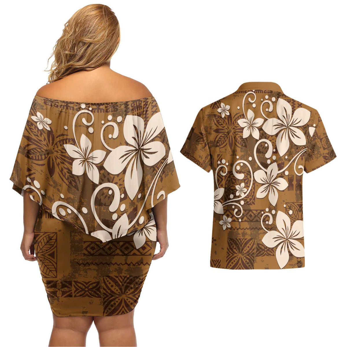 Plumeria Floral Tapa Pattern Vintage Gold Couples Matching Off Shoulder Short Dress and Hawaiian Shirt LT01 - Polynesian Pride