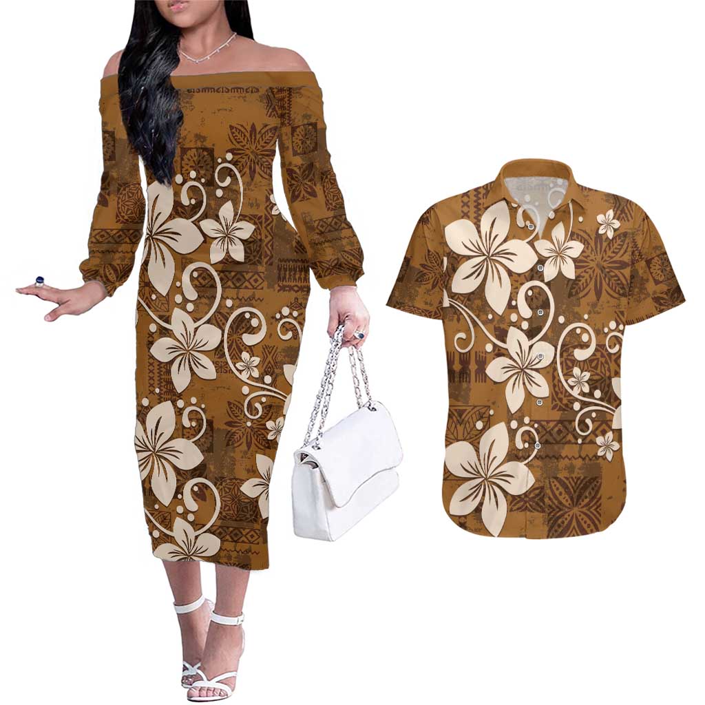 Plumeria Floral Tapa Pattern Vintage Gold Couples Matching Off The Shoulder Long Sleeve Dress and Hawaiian Shirt LT01 Gold - Polynesian Pride