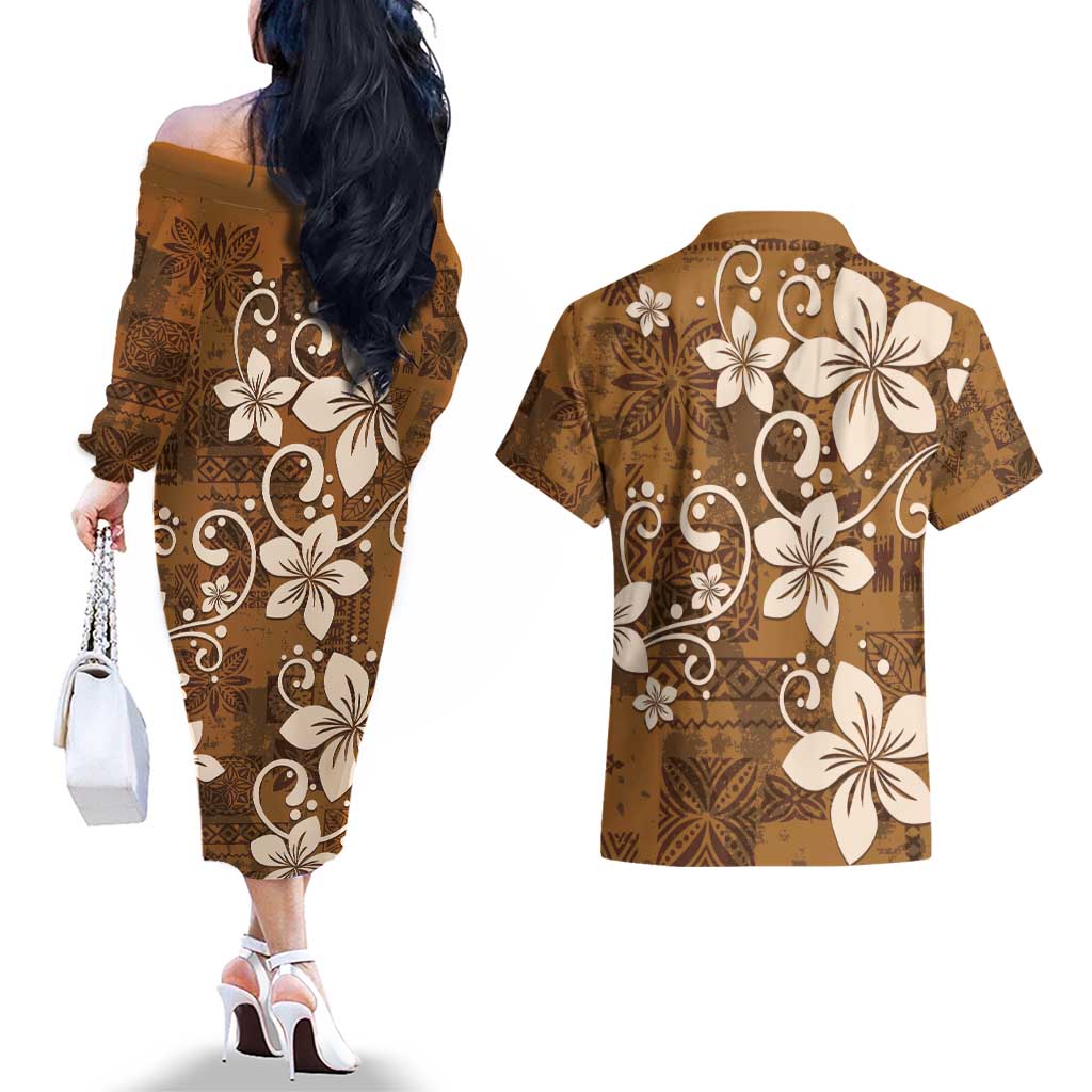 Plumeria Floral Tapa Pattern Vintage Gold Couples Matching Off The Shoulder Long Sleeve Dress and Hawaiian Shirt LT01 - Polynesian Pride