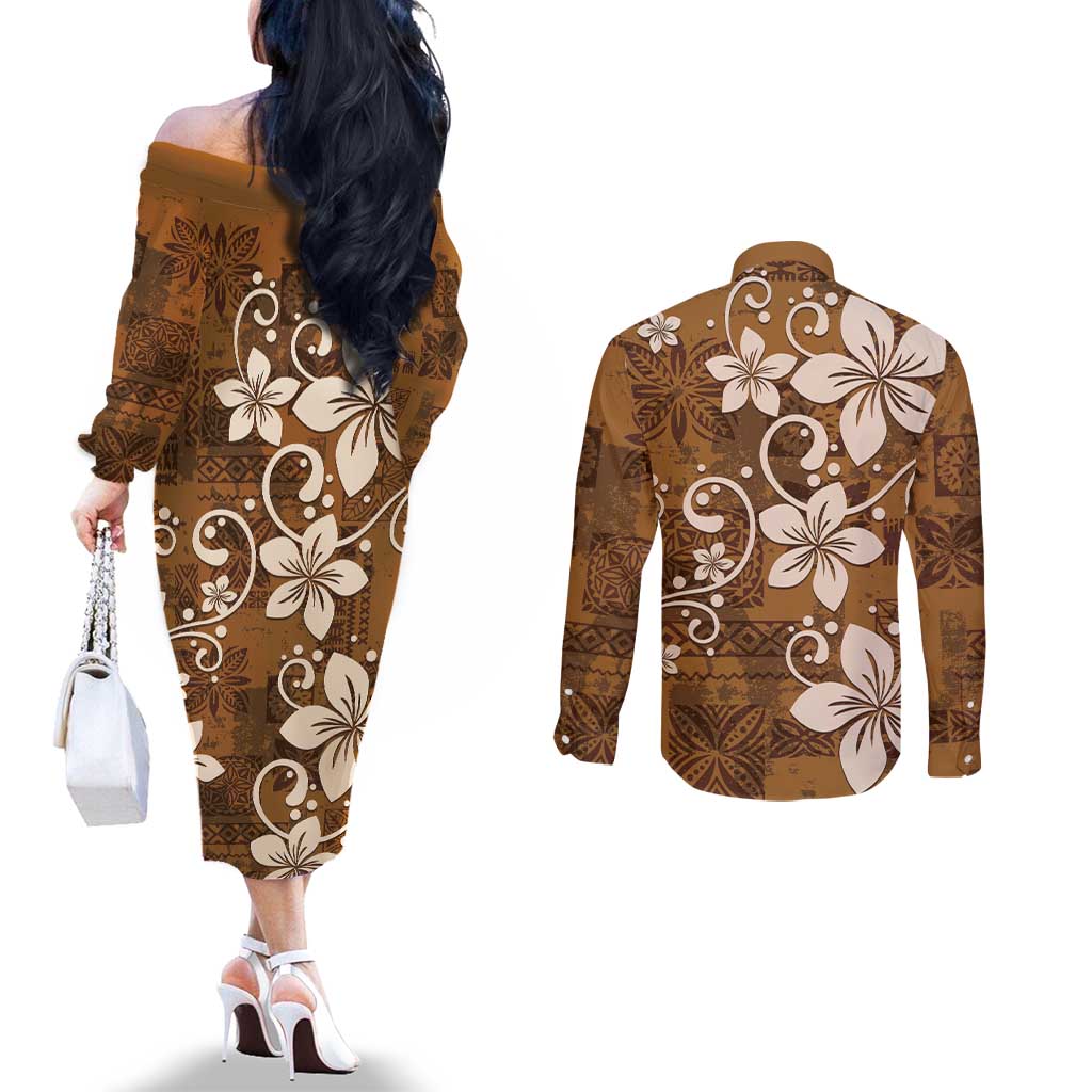 Plumeria Floral Tapa Pattern Vintage Gold Couples Matching Off The Shoulder Long Sleeve Dress and Long Sleeve Button Shirt LT01 - Polynesian Pride