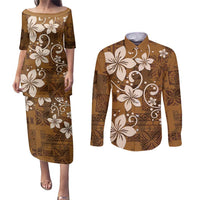 Plumeria Floral Tapa Pattern Vintage Gold Couples Matching Puletasi and Long Sleeve Button Shirt LT01 Gold - Polynesian Pride