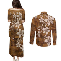 Plumeria Floral Tapa Pattern Vintage Gold Couples Matching Puletasi and Long Sleeve Button Shirt LT01 - Polynesian Pride