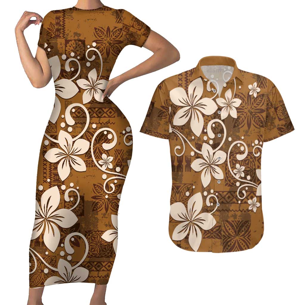 Plumeria Floral Tapa Pattern Vintage Gold Couples Matching Short Sleeve Bodycon Dress and Hawaiian Shirt LT01 Gold - Polynesian Pride