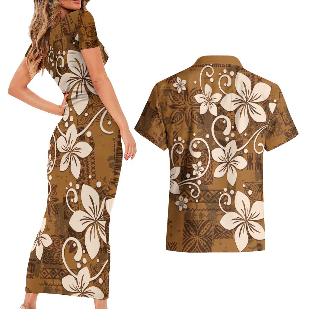 Plumeria Floral Tapa Pattern Vintage Gold Couples Matching Short Sleeve Bodycon Dress and Hawaiian Shirt LT01 - Polynesian Pride