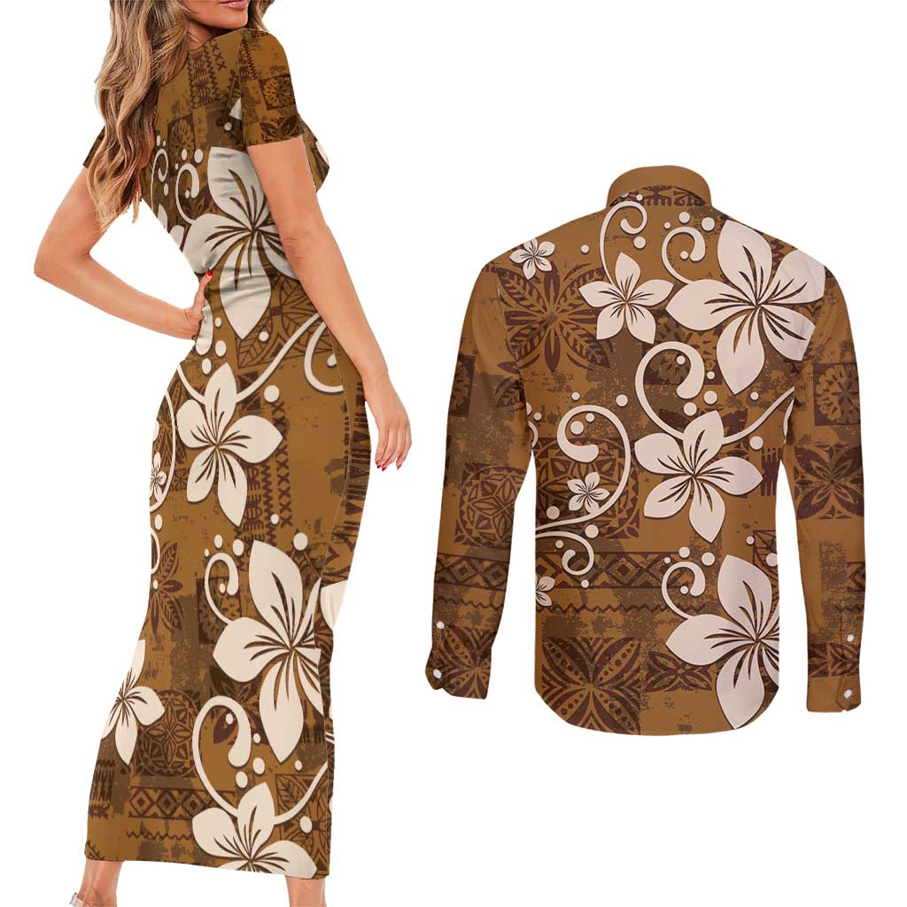 Plumeria Floral Tapa Pattern Vintage Gold Couples Matching Short Sleeve Bodycon Dress and Long Sleeve Button Shirt LT01 - Polynesian Pride