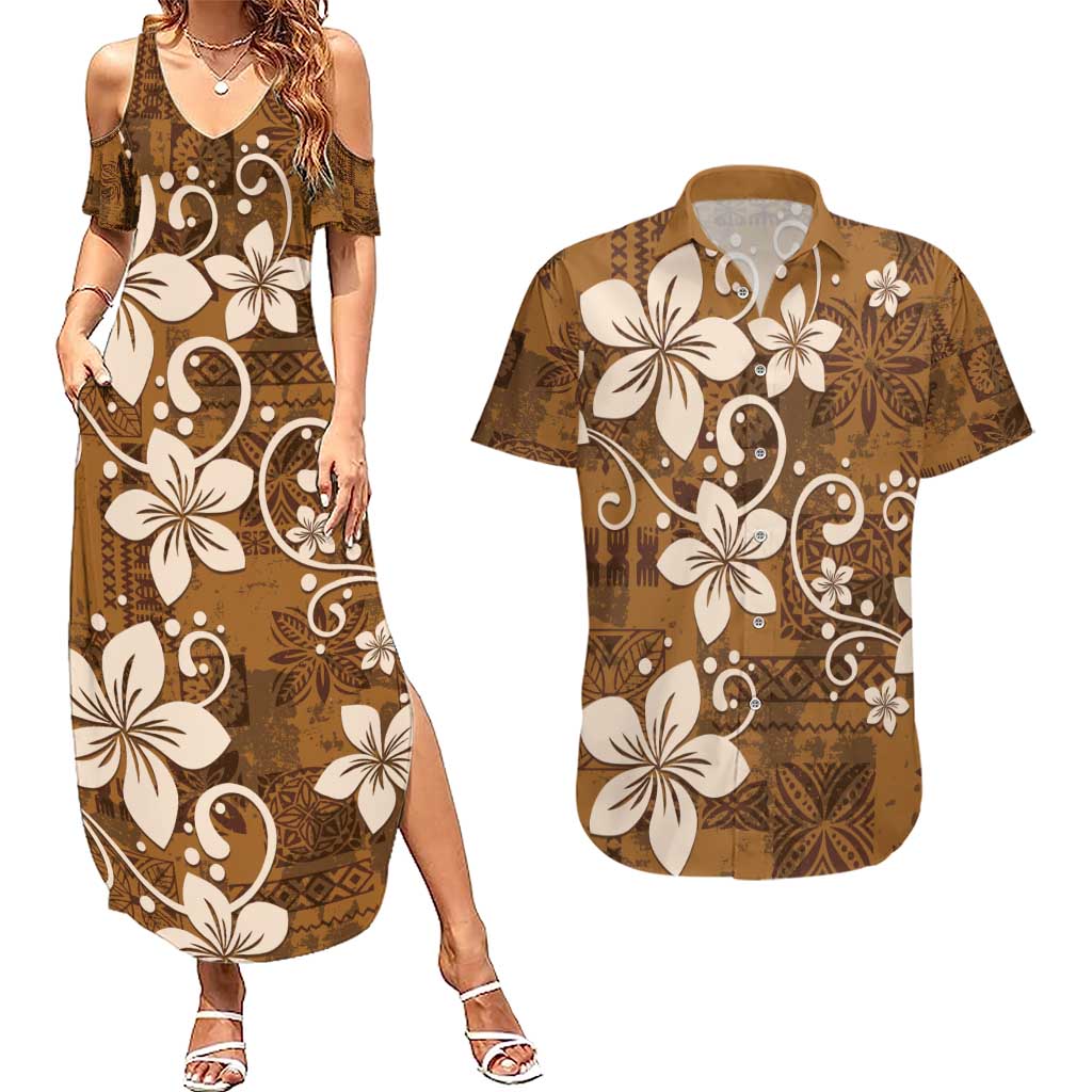 Plumeria Floral Tapa Pattern Vintage Gold Couples Matching Summer Maxi Dress and Hawaiian Shirt LT01 Gold - Polynesian Pride