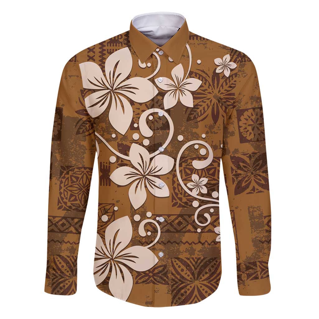 Plumeria Floral Tapa Pattern Vintage Gold Family Matching Long Sleeve Bodycon Dress and Hawaiian Shirt LT01 Dad's Shirt - Long Sleeve Gold - Polynesian Pride