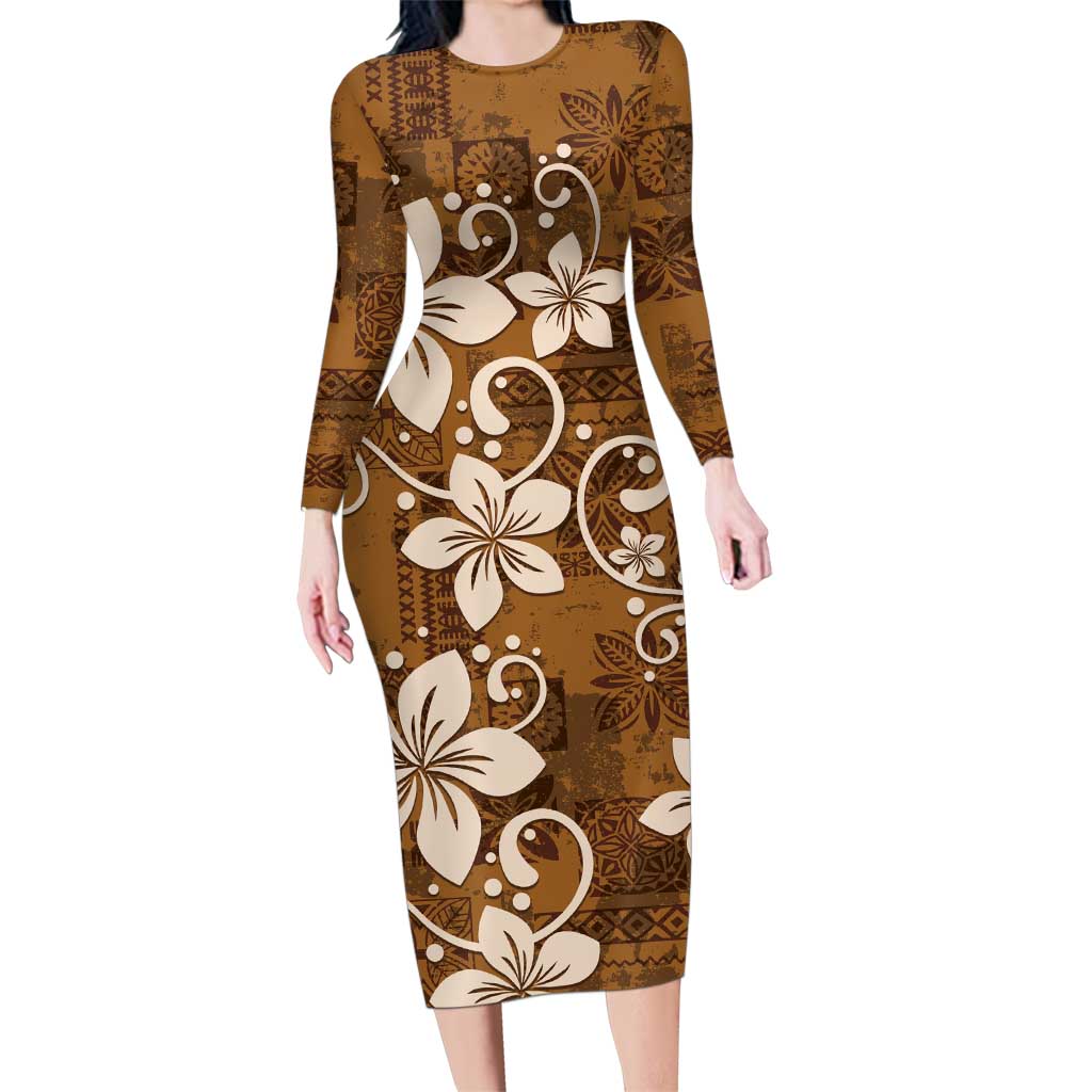 Plumeria Floral Tapa Pattern Vintage Gold Family Matching Long Sleeve Bodycon Dress and Hawaiian Shirt LT01 Mom's Dress Gold - Polynesian Pride