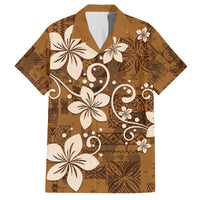 Plumeria Floral Tapa Pattern Vintage Gold Family Matching Off The Shoulder Long Sleeve Dress and Hawaiian Shirt LT01 Dad's Shirt - Short Sleeve Gold - Polynesian Pride