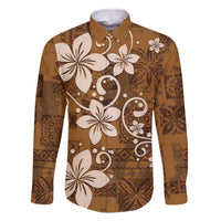 Plumeria Floral Tapa Pattern Vintage Gold Family Matching Off The Shoulder Long Sleeve Dress and Hawaiian Shirt LT01 Dad's Shirt - Long Sleeve Gold - Polynesian Pride