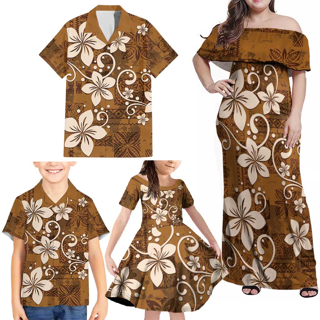 Plumeria Floral Tapa Pattern Vintage Gold Family Matching Off Shoulder Maxi Dress and Hawaiian Shirt LT01 - Polynesian Pride