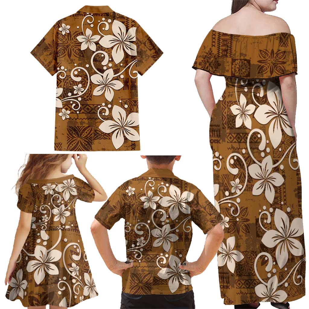 Plumeria Floral Tapa Pattern Vintage Gold Family Matching Off Shoulder Maxi Dress and Hawaiian Shirt LT01 - Polynesian Pride