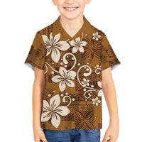 Plumeria Floral Tapa Pattern Vintage Gold Family Matching Off Shoulder Maxi Dress and Hawaiian Shirt LT01 Son's Shirt Gold - Polynesian Pride