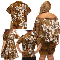 Plumeria Floral Tapa Pattern Vintage Gold Family Matching Off Shoulder Short Dress and Hawaiian Shirt LT01 - Polynesian Pride