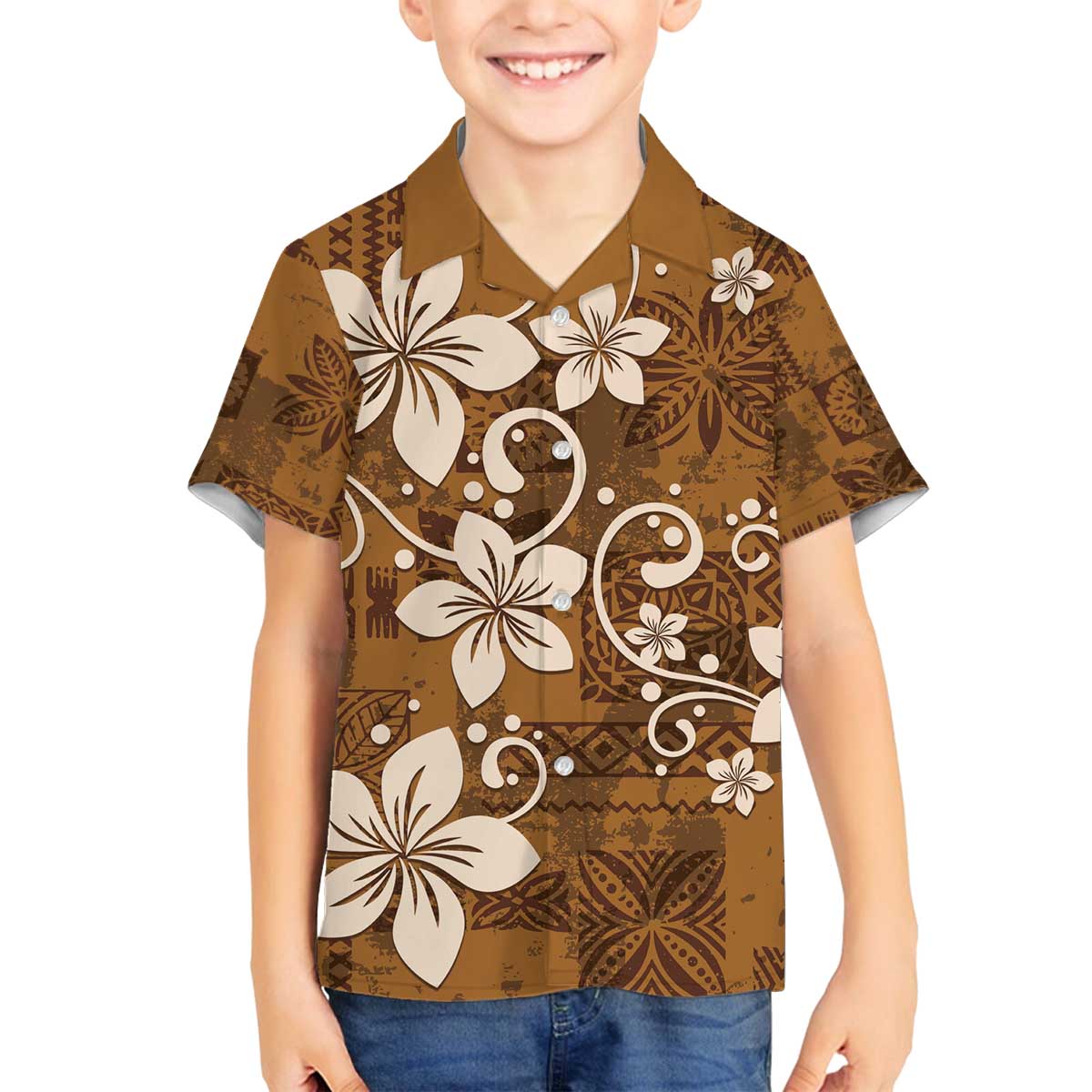 Plumeria Floral Tapa Pattern Vintage Gold Family Matching Off Shoulder Short Dress and Hawaiian Shirt LT01 Son's Shirt Gold - Polynesian Pride